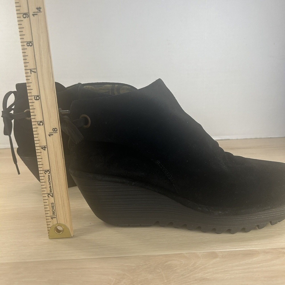 FLY London YEBI Black Suede Ruched Ankle Wedge Boots Tie-Back Womens 40 / 9-9.5 - Picture 6 of 12